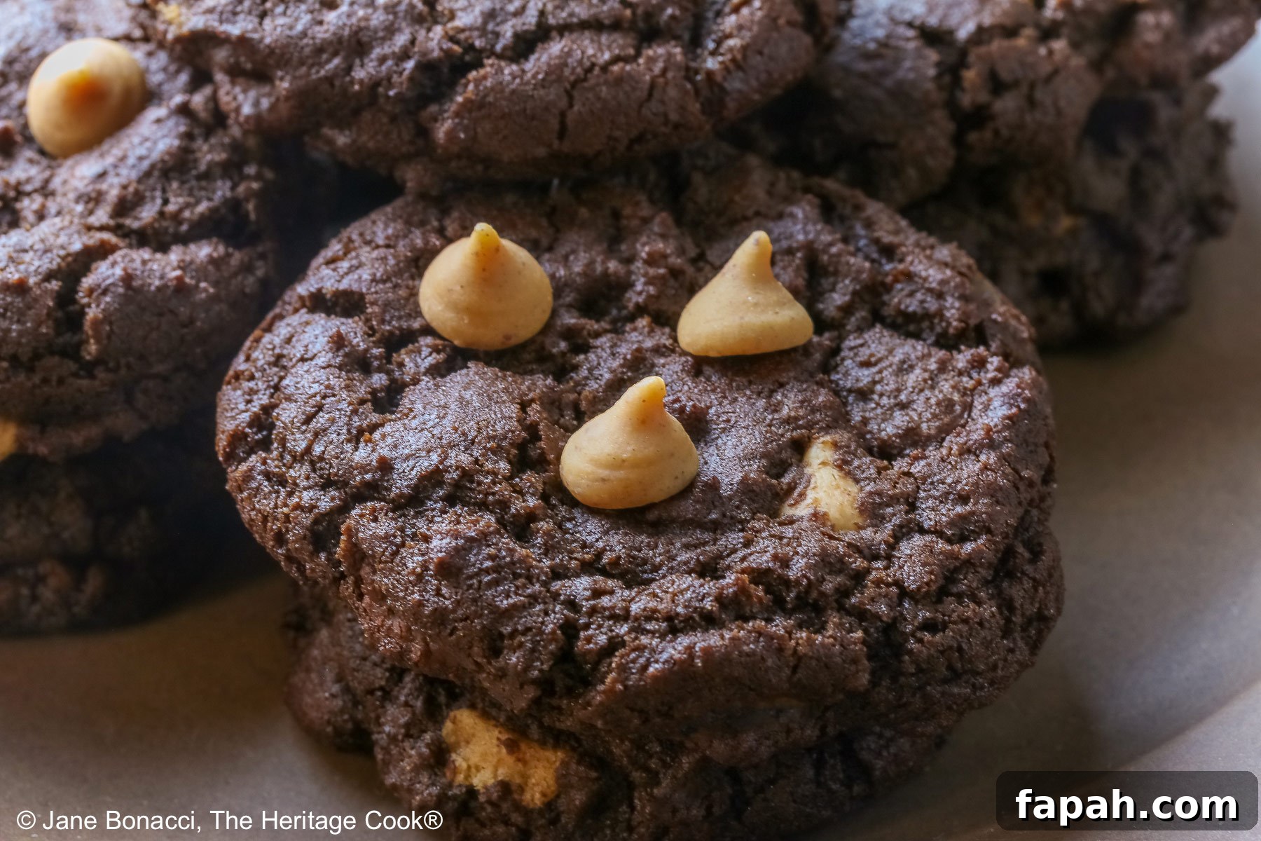 Gluten-Free Double Chocolate Peanut Butter Cookies Recipe 5 Four stacks of black Double Chocolate Peanut Butter Cookies with light peanut butter chips on top on a deep brown ceramic plate sitting on a bright pink cloth © 2025 Jane Bonacci, The Heritage Cook.