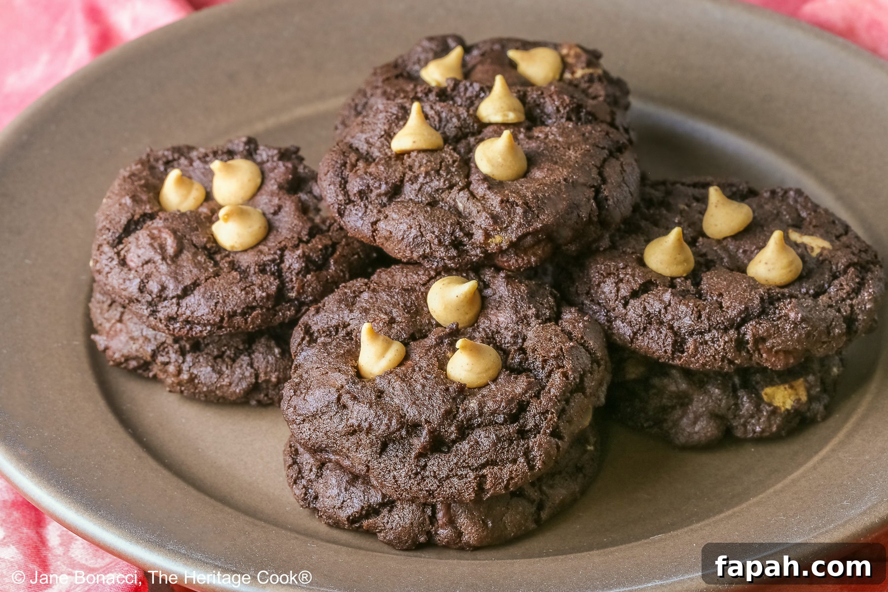 Gluten-Free Double Chocolate Peanut Butter Cookies Recipe 6 Four stacks of black Double Chocolate Peanut Butter Cookies with light peanut butter chips on top on a deep brown ceramic plate sitting on a bright pink cloth © 2025 Jane Bonacci, The Heritage Cook.