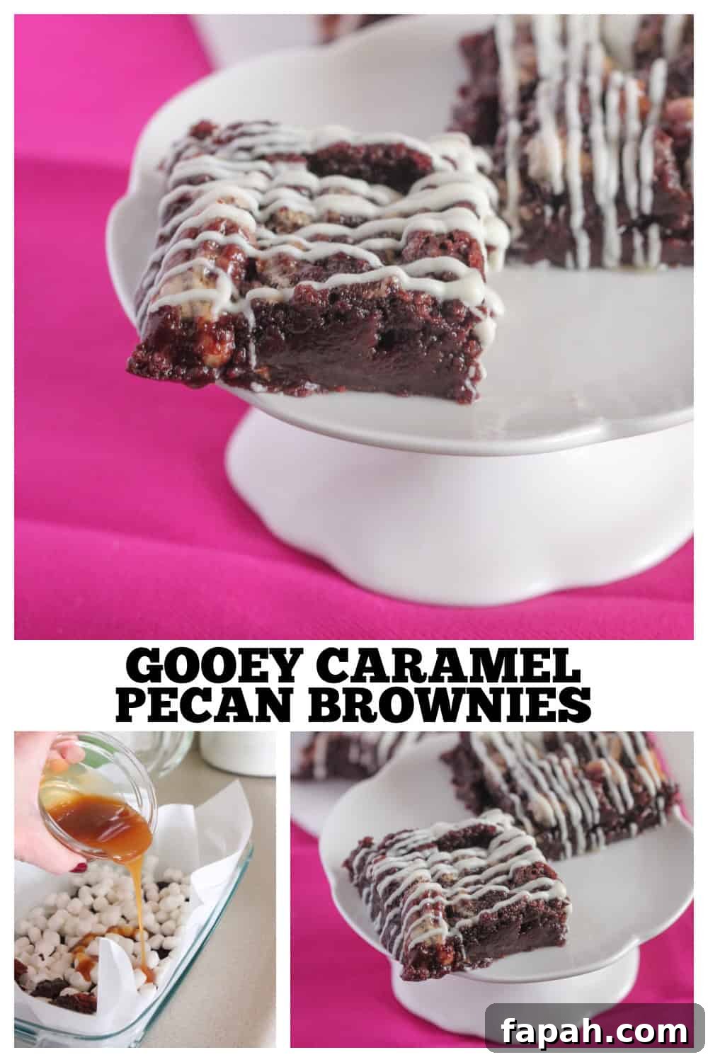 Decadent Caramel Pecan Brownies with Gooey Center 11 photo collage of of pecan brownies