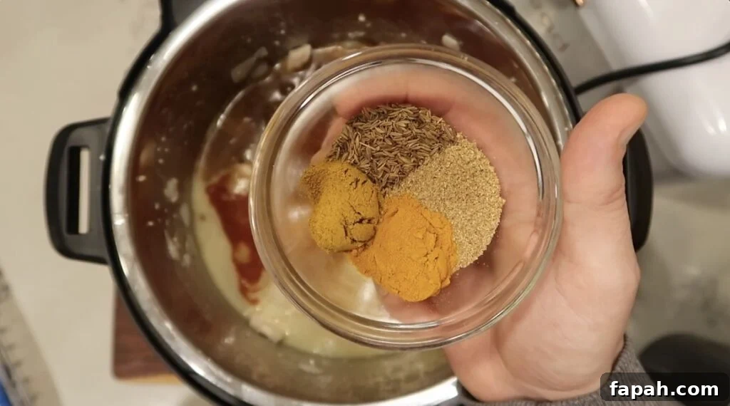 Adding cumin seed, coriander, turmeric, and optional curry powder to pot
