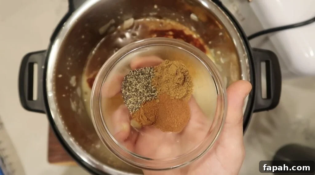 Adding black pepper, ground cumin, cinnamon and optional cayenne pepper to pot