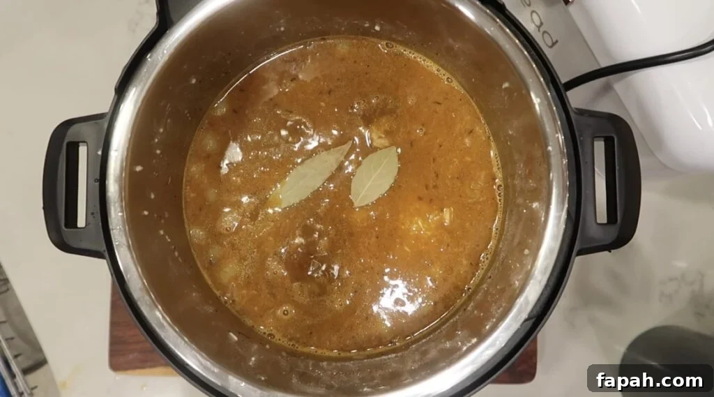 Adding bay leaves on top of broth