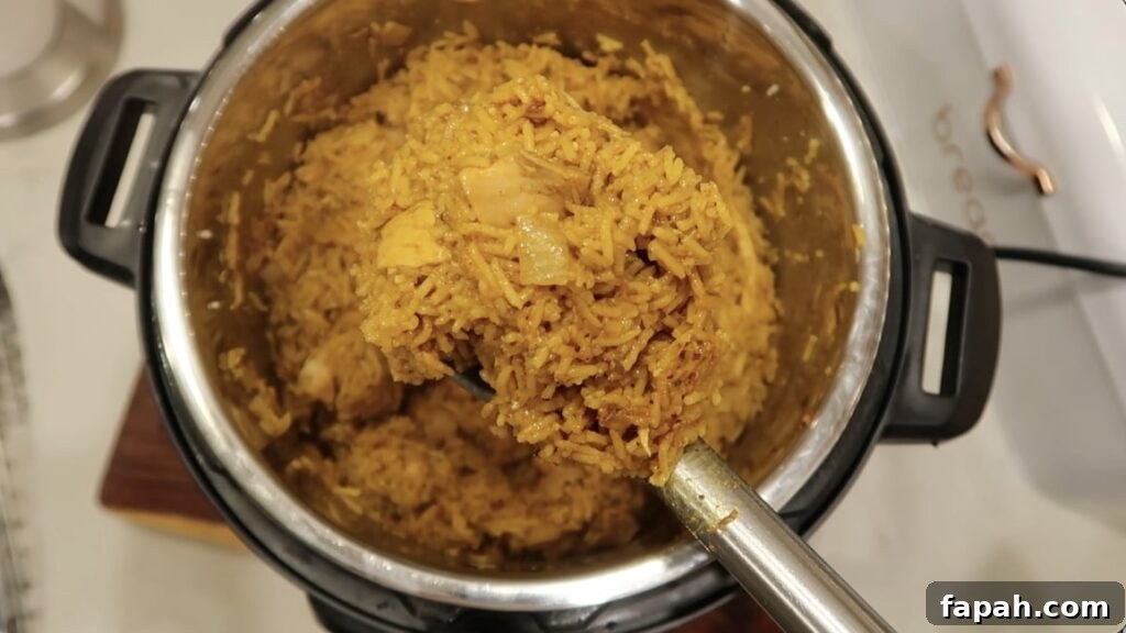 Scooping Chicken Biryani with a serving spopn