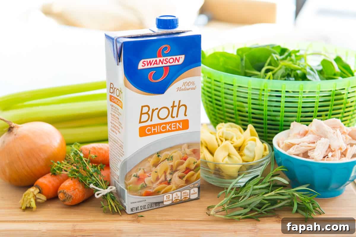 Creamy Spinach Tortellini Soup Recipe for Cozy Weeknights 4 All Ingredients Needed for Chicken Spinach Tortellini Soup, including vegetables, broth, tortellini