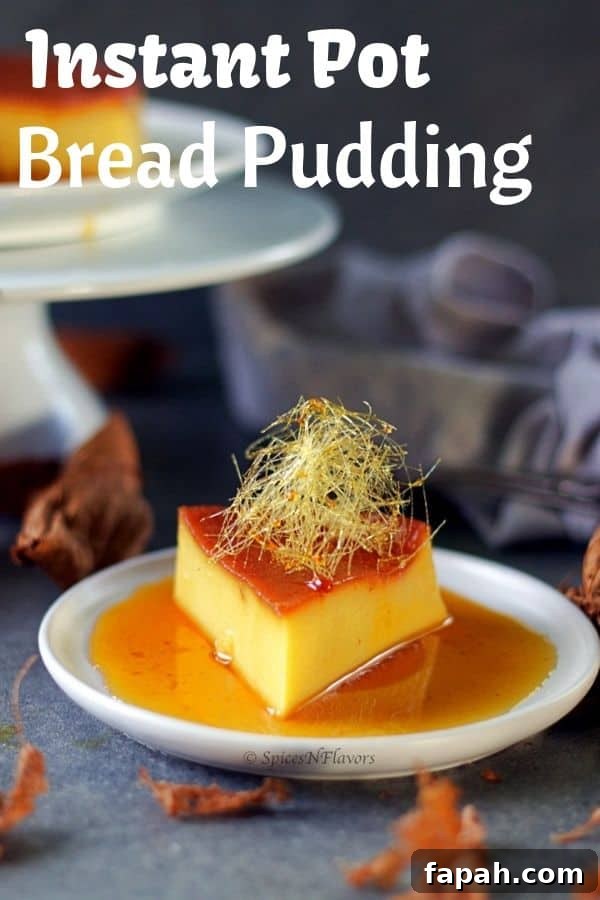 Eggless Caramel Bread Pudding Made in the Instant Pot 2 sliced image of caramel bread pudding plated on a white plate and decorated with caramel decoration