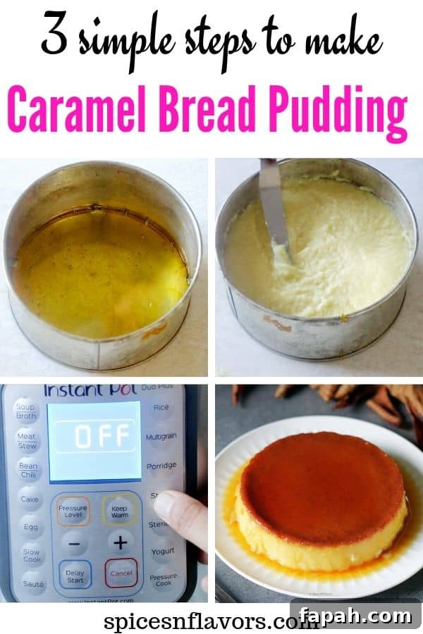 Eggless Caramel Bread Pudding Made in the Instant Pot 10 pin image of caramel bread pudding