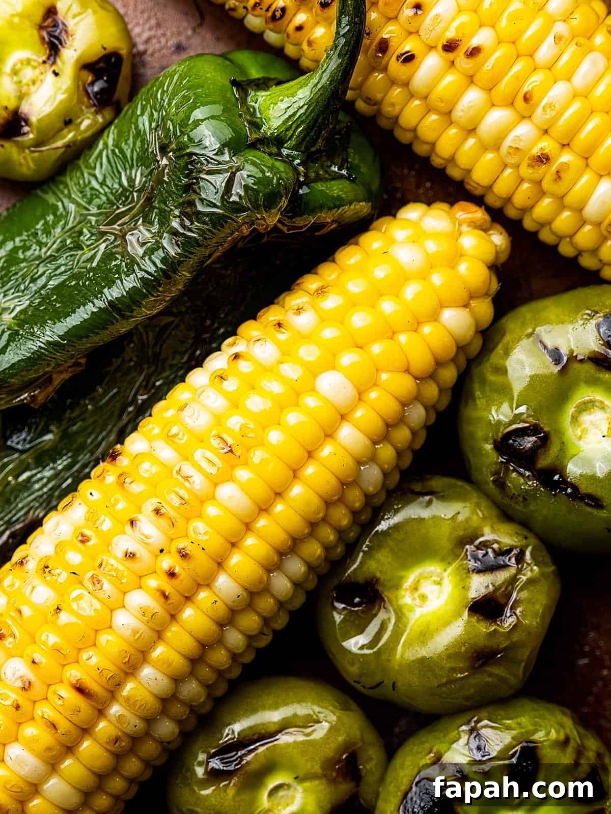 A close-up image of grilled corn, tomatillos and poblano chile