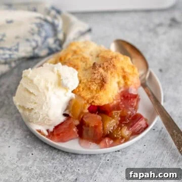 Rhubarb Cobbler with vanilla ice cream on a plate with a spoon.