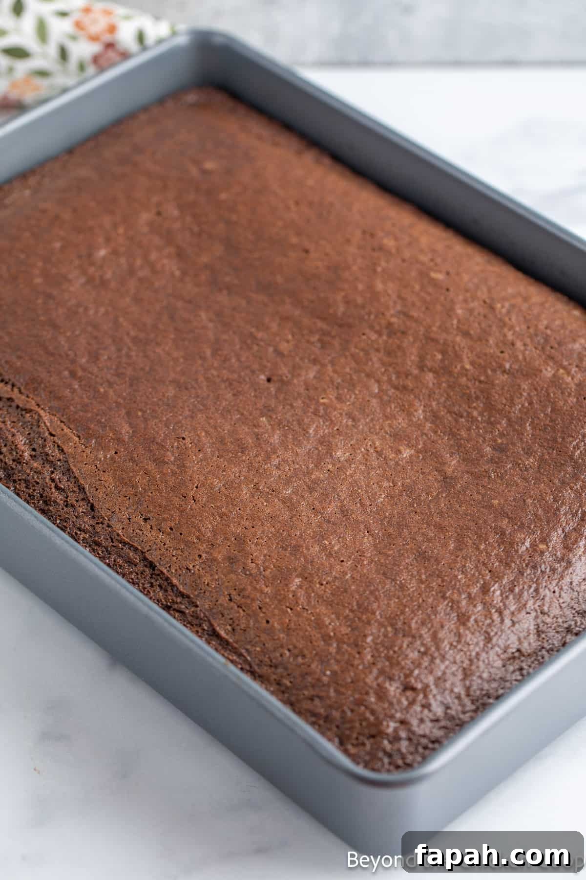 Moist Buttermilk Chocolate Cake Recipe for Rich Chocolate Flavor 7 A baked chocolate cake in a pan.