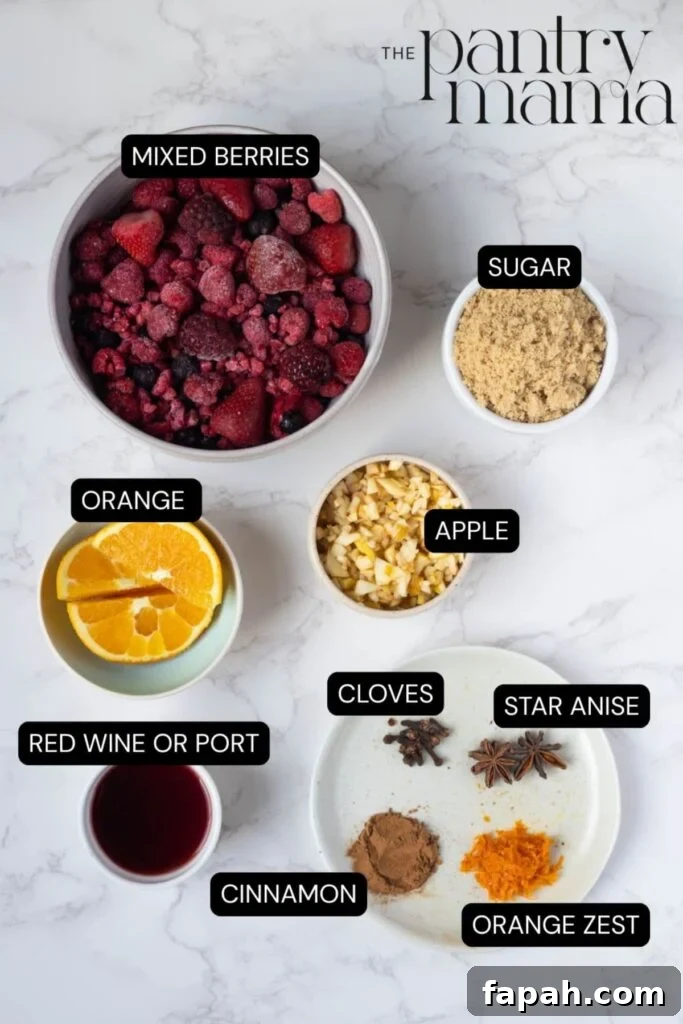 Flat lay of ingredients necessary to make Mulled Berry Jam.
