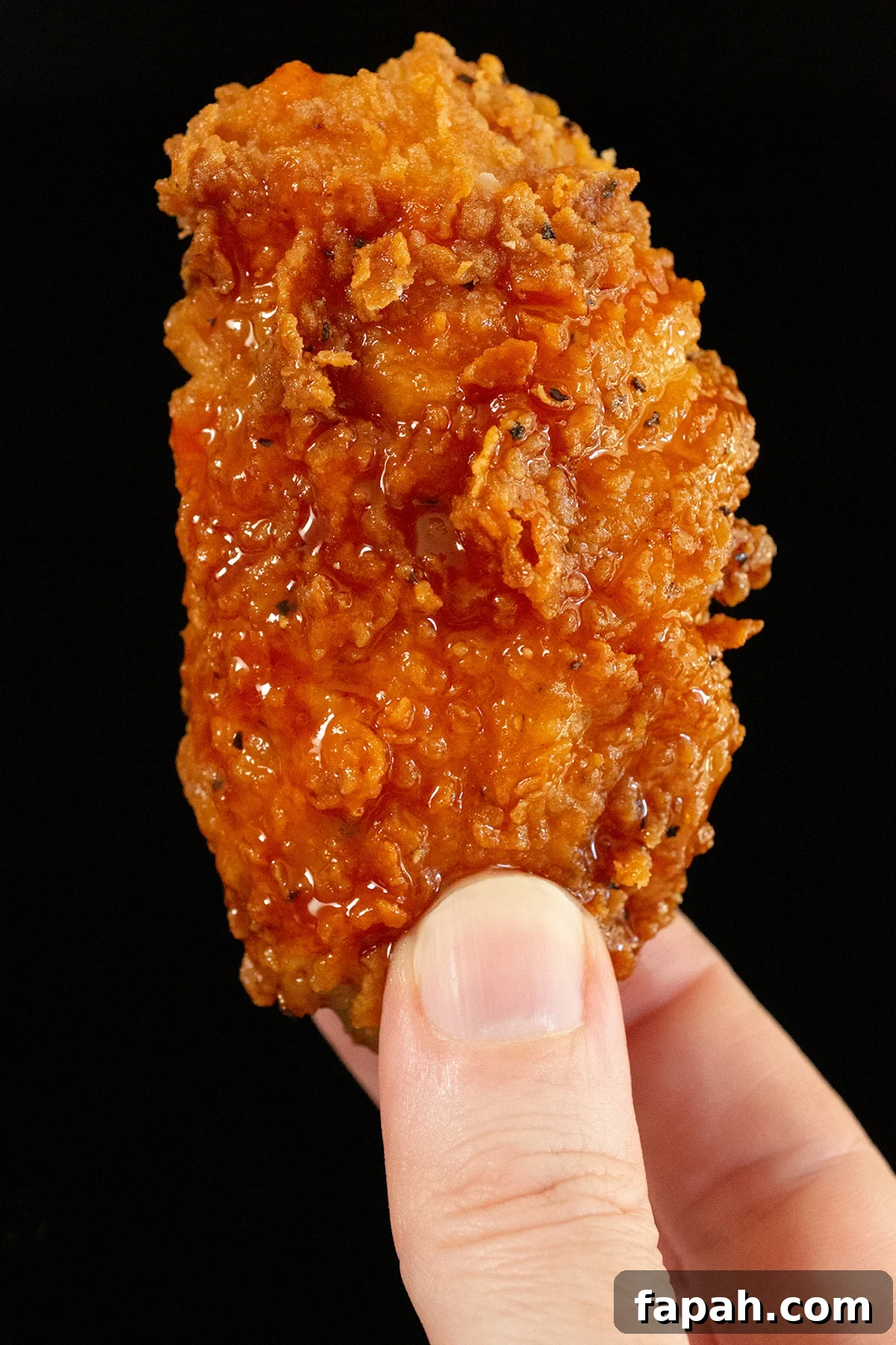 A hand holds up a single breaded chicken wings that's generously coated in hot sauce and honey.