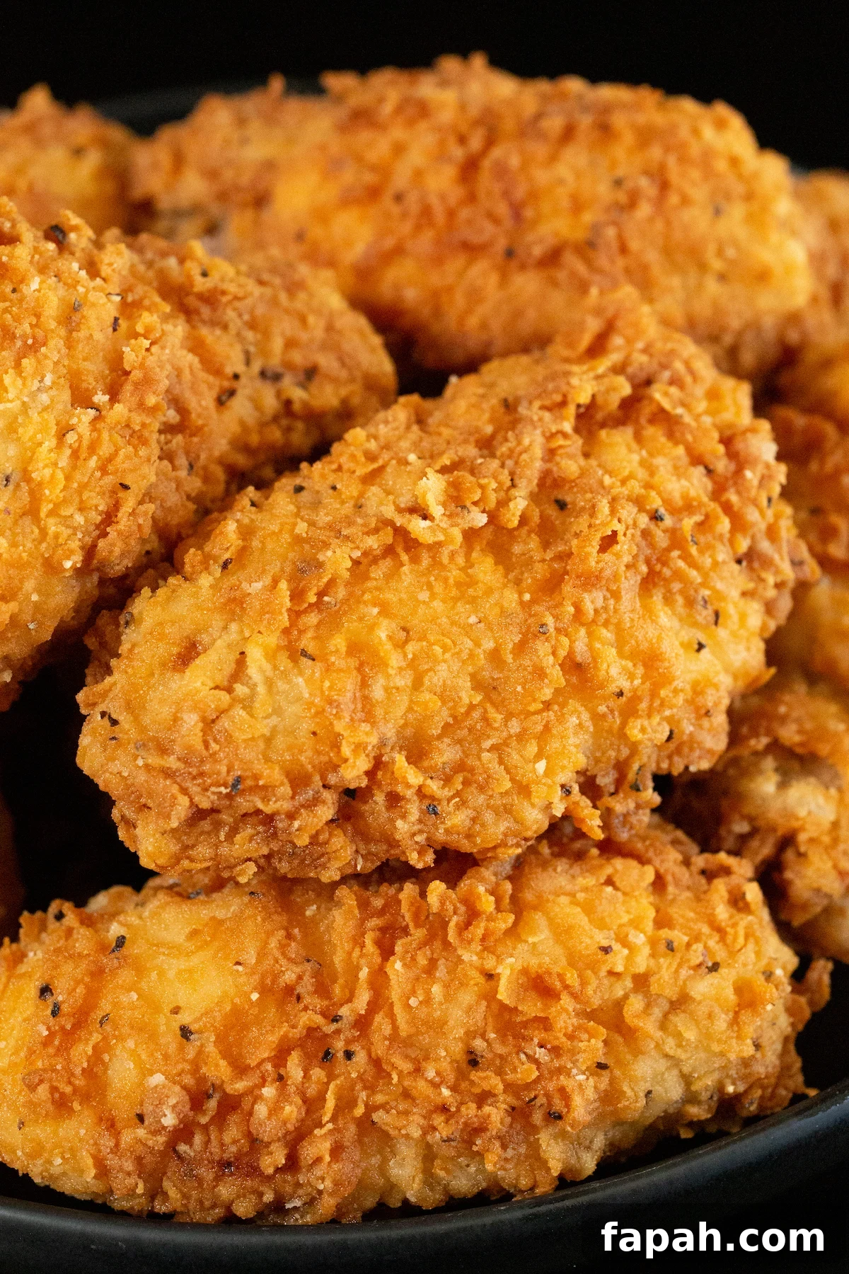 Close up of deep fried chicken wings covered in a crispy coating with visible specs of black pepper.