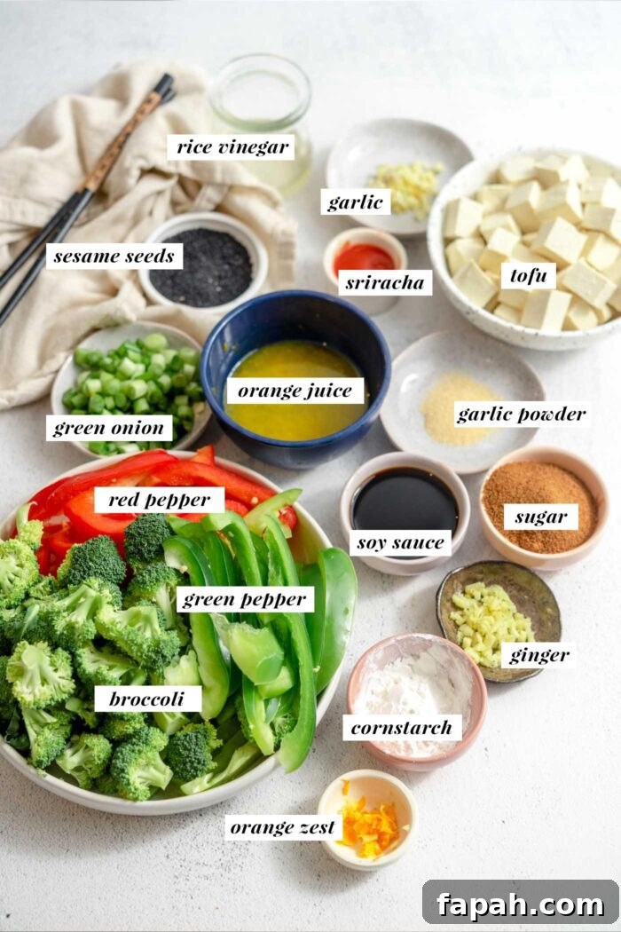 Crispy Orange Tofu Stir-Fry with Tangy Citrus Glaze 3 Visual list of all ingredients needed for making a vegan orange tofu recipe.