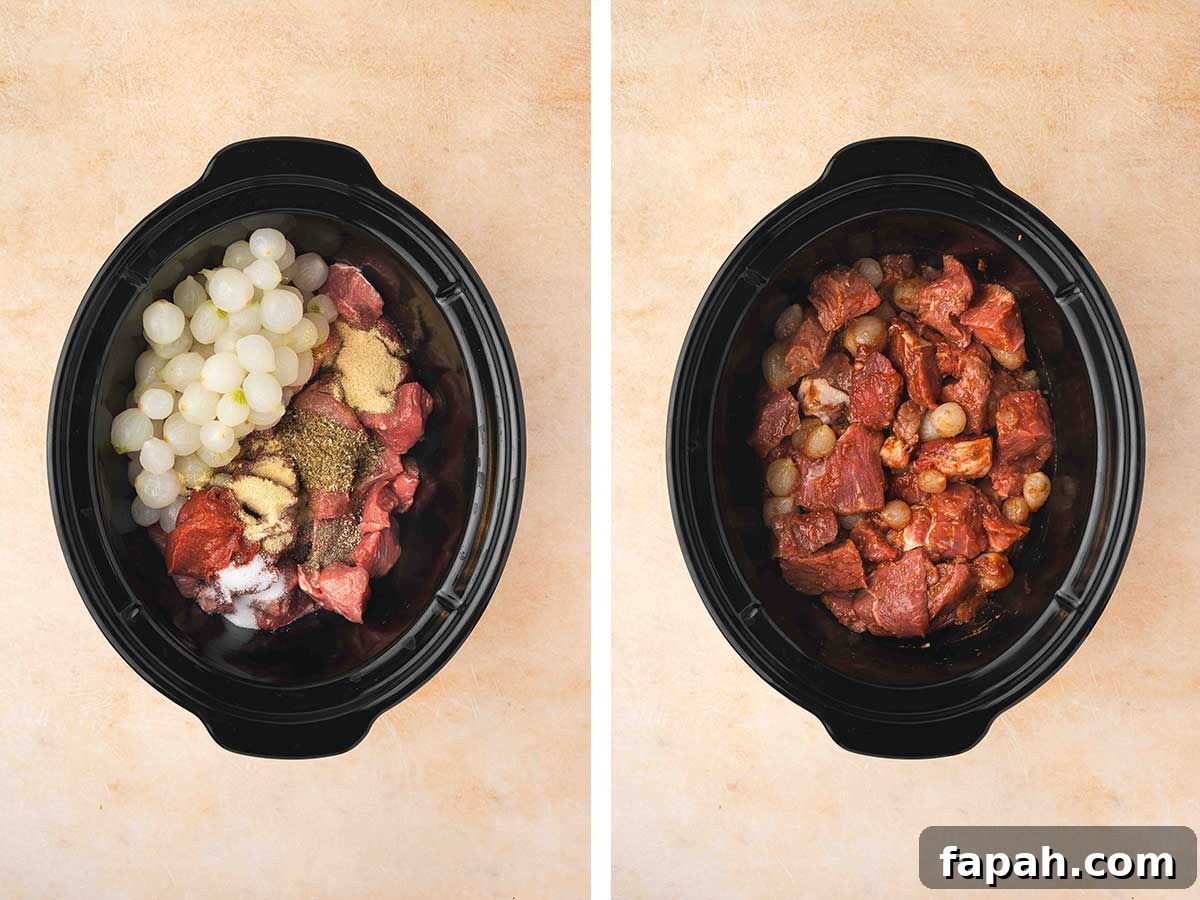 Set of two photos showing meat, frozen onions, seasoning, and tomato paste added to the slow cooker and mixed.