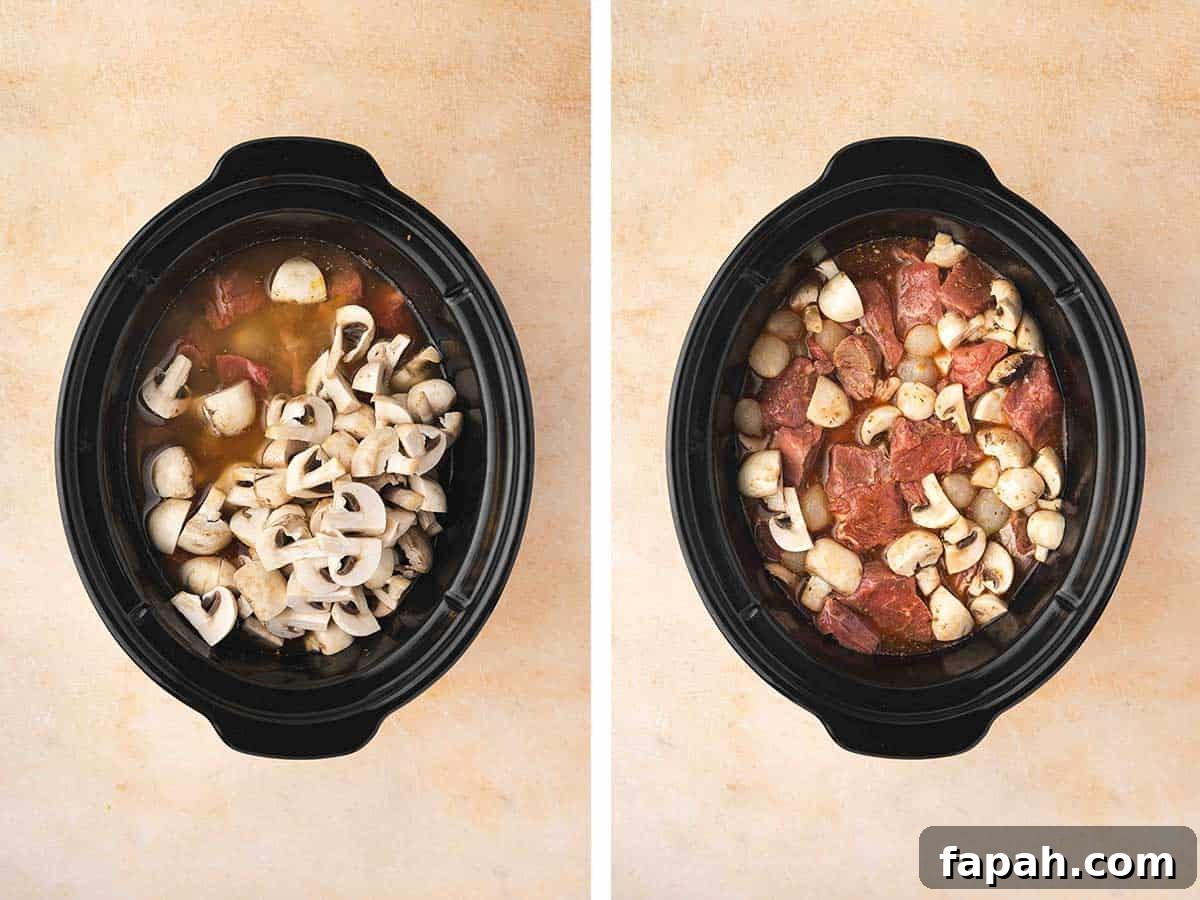 Set of two photos showing liquid and mushrooms added to the crockpot and stirred to combine.