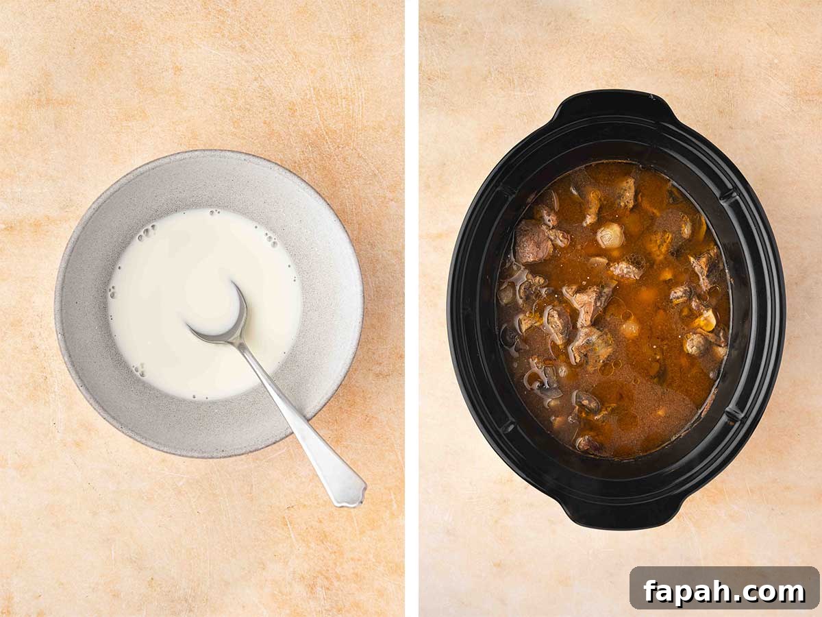 Set of two photos showing slurry mixed in a bowl and added to the crockpot.