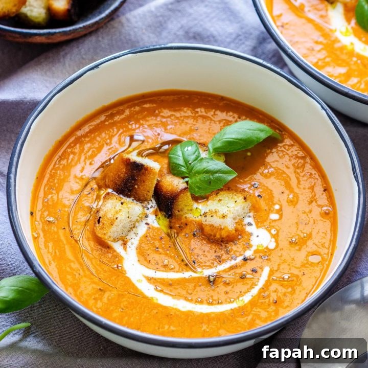 Creamy Tomato Soup with Fresh Basil Leaves