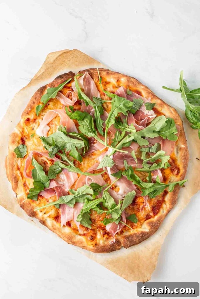 Cooked prosciutto pizza.