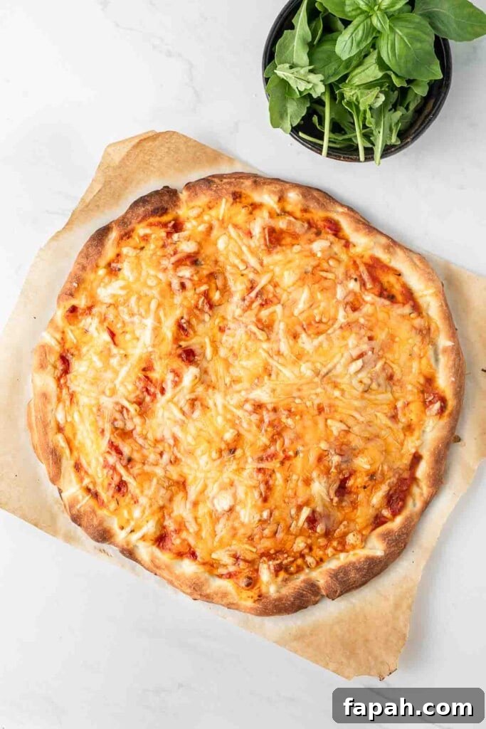 Cooked pizza with sauce and cheese.