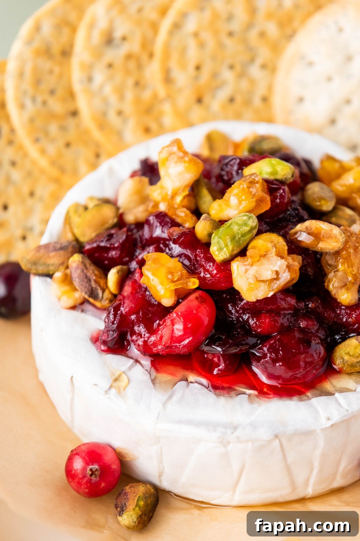 Baked Brie with Honey and Pecans: Warm Party Appetizer 10 A round block of brie cheese, topped with nuts and cranberries, surrounded by crackers.