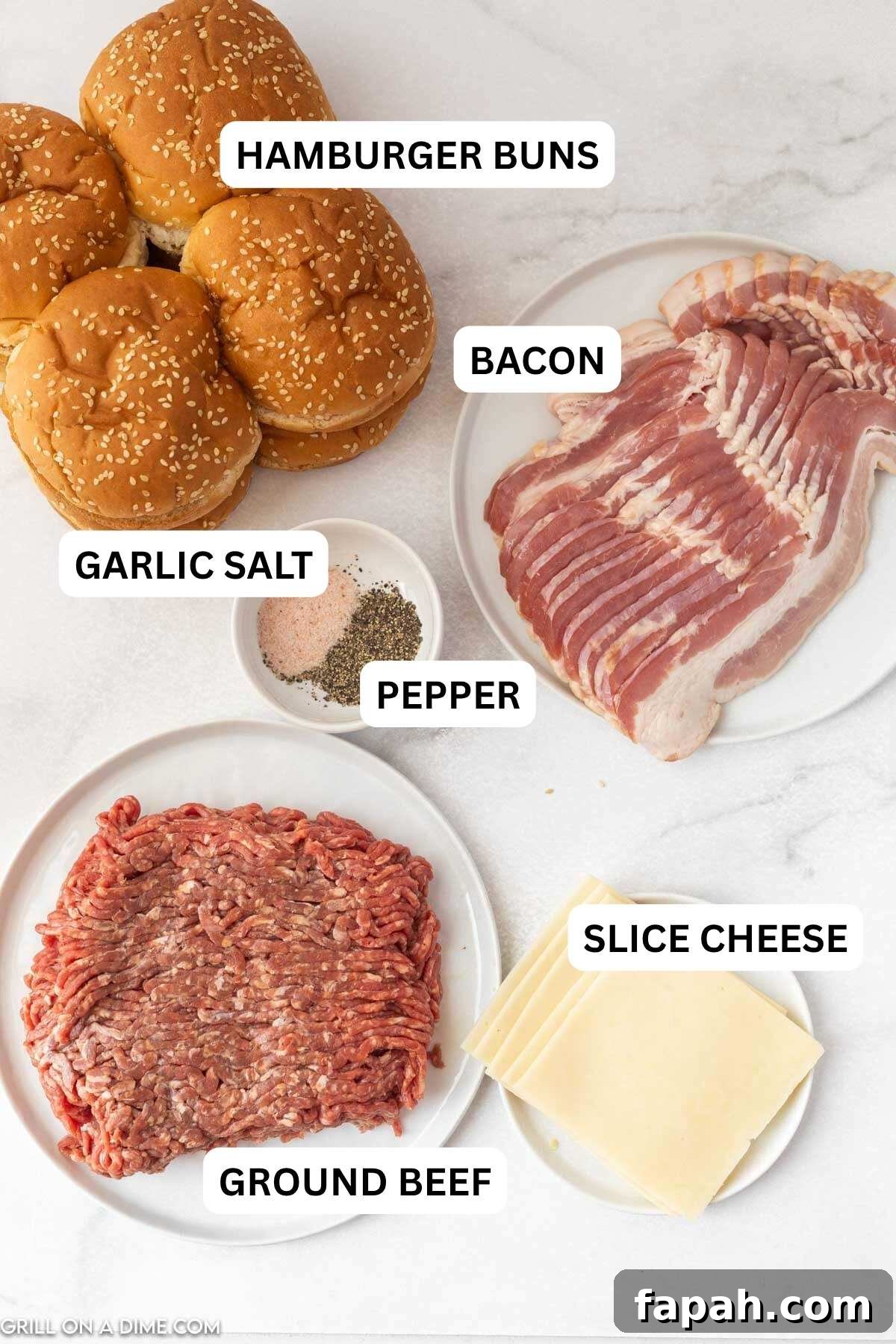 Ingredients needed to make this recipe includes beef, oil, garlic salt, pepper, bacon, sharp cheddar cheese, and hamburger buns.