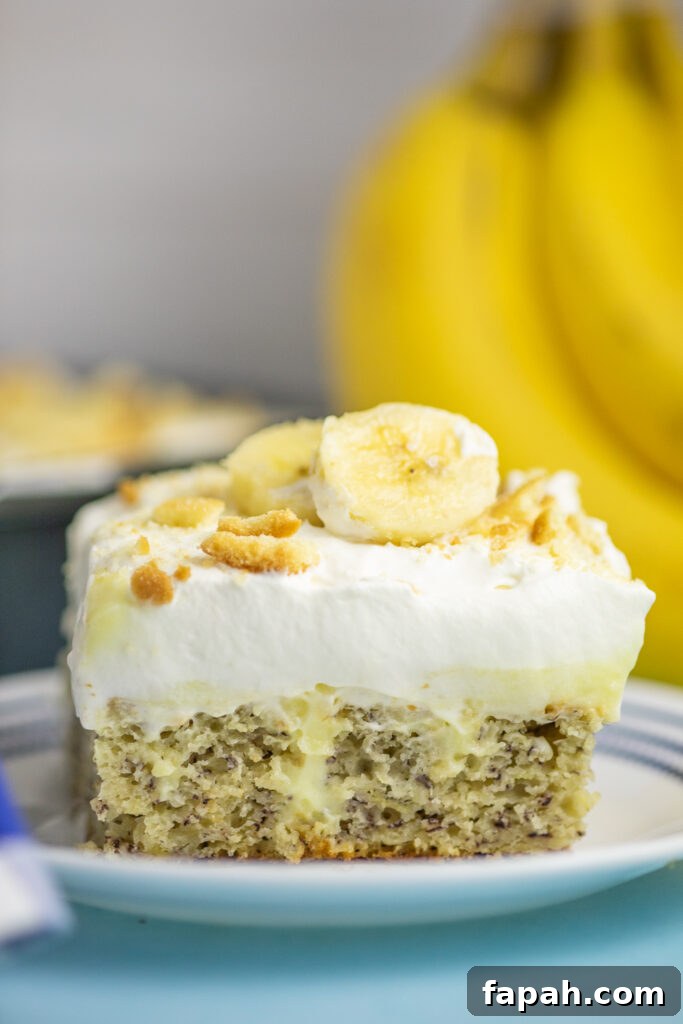 A piece of banana pudding poke cake topped with whipped cream, vanilla wafer crumbs, and fresh banana slices showing the pudding in the center of the cake, on a small white plate with bananas and the remaining cake behind.