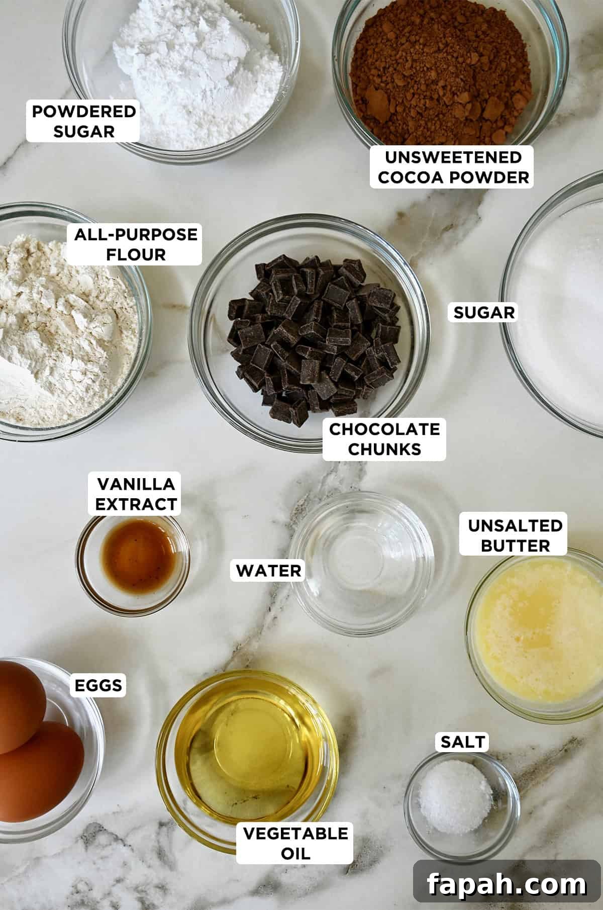 Fudgy Cocoa Brownies Recipe: Rich, Chewy Homemade Treat 4 Ingredients for cocoa powder brownies in various sizes of glass bowls.