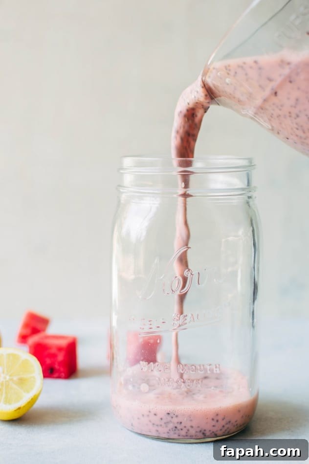 Creamy Watermelon Chia Pudding Recipe for Summer Refreshment 5 Pouring the pudding base for creamy watermelon chia seed pudding. A simple and healthy treat made with minimal ingredients, and packed with juicy summertime flavor to keep you happy and healthy!