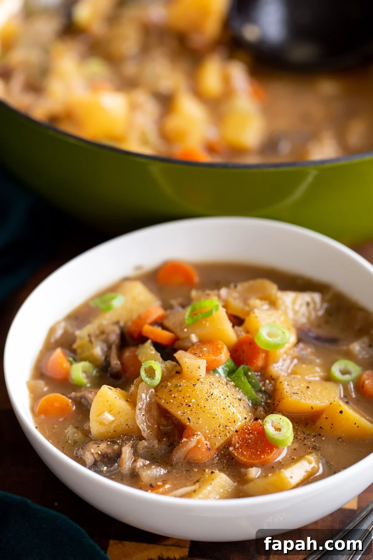a bowl of Irish Stew with potatoes, carrots and mushrooms 