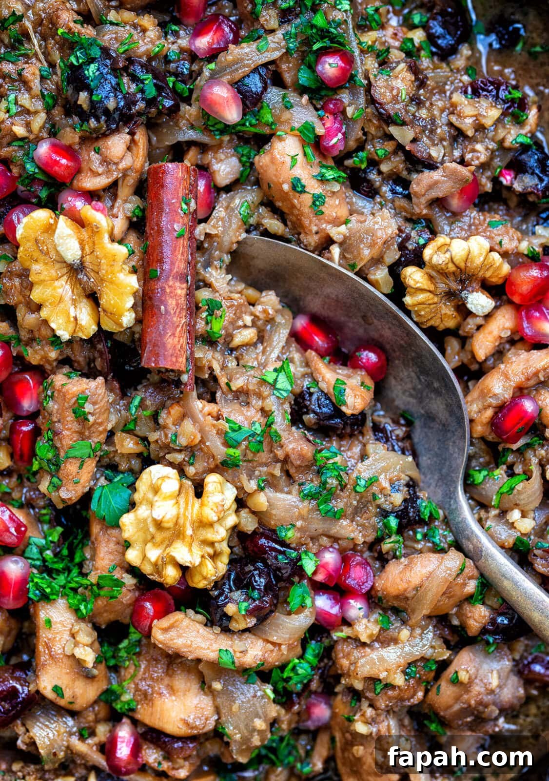 Savory Persian Chicken Stew Recipe (Khoresh-e Morgh) 2 A close-up of Persian chicken stew featuring cooked chicken pieces, walnuts, and pomegranate seeds, garnished with parsley. A cinnamon stick and a metal spoon complete the colorful, textured dish.