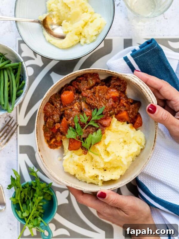 Savory Persian Chicken Stew Recipe (Khoresh-e Morgh) 13 Bowl of Greek Beef Stifado stew served with mash