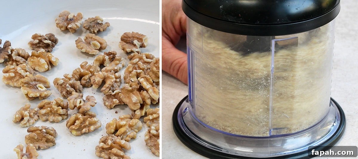 Savory Persian Chicken Stew Recipe (Khoresh-e Morgh) 5 Left side shows whole walnuts on a white plate. Right side shows ground walnuts inside a transparent food processor bowl with a black lid.