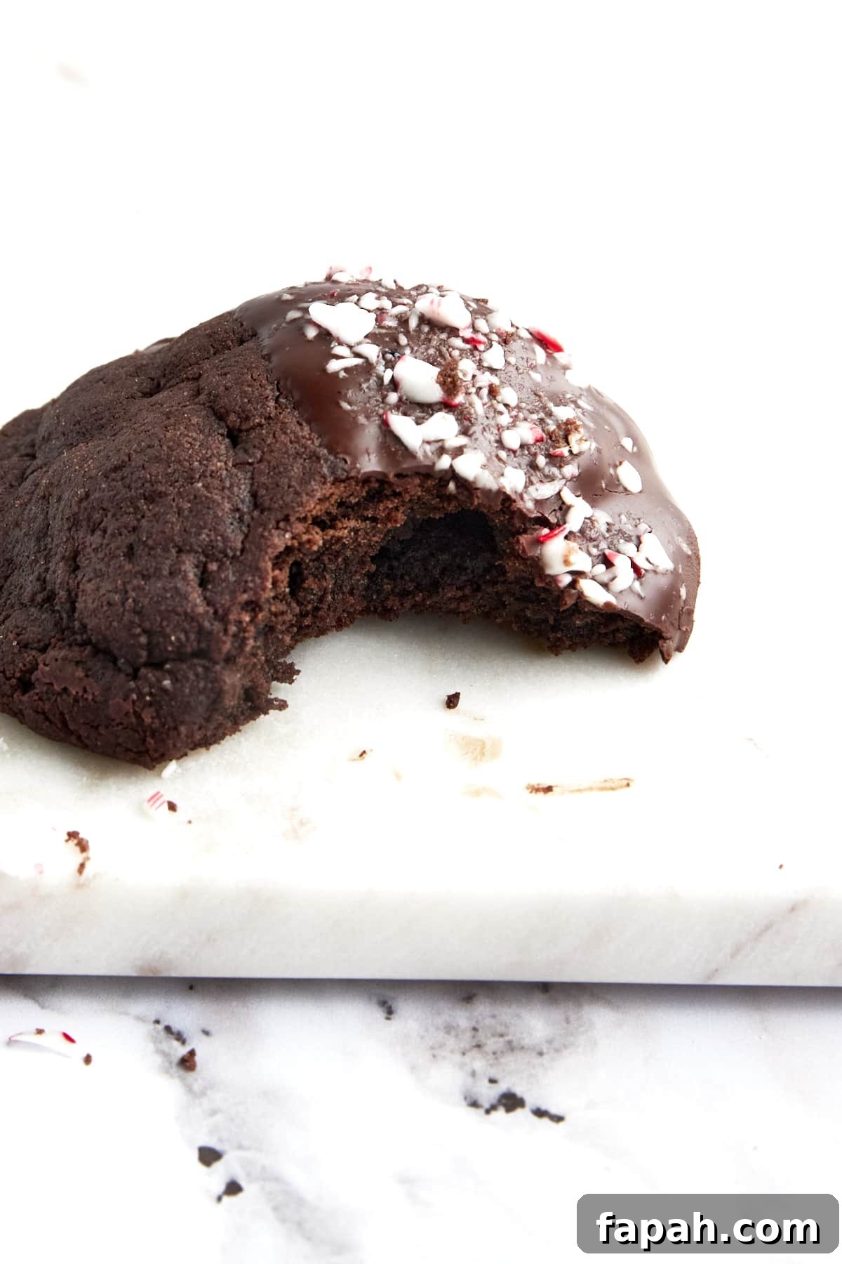 A dark chocolate dipped chocolate peppermint cookie topped with candy cane pieces. 