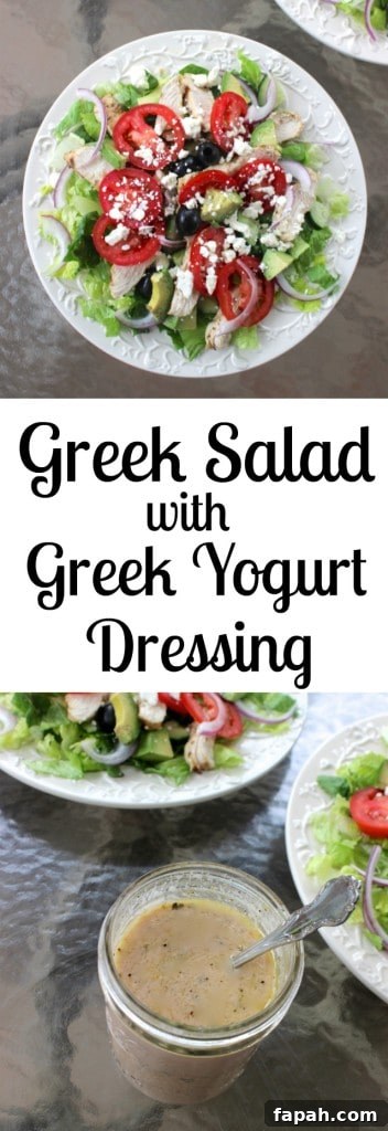 Greek Salad with Greek Yogurt Dressing- for extra protein, I like to add grilled chicken or chickpeas for a vegetarian option!