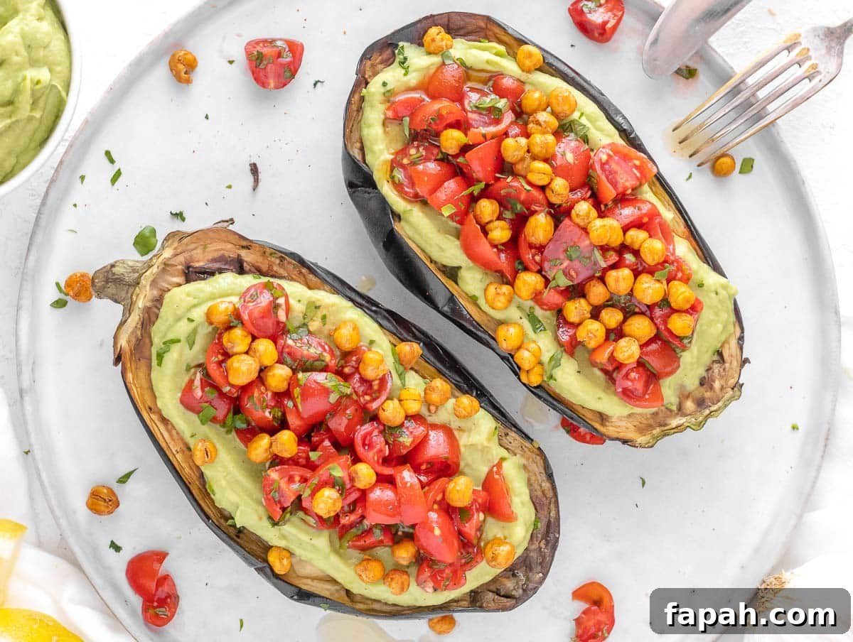 roasted eggplant with avocado spread, Italian tomato salsa, roasted chickpeas
