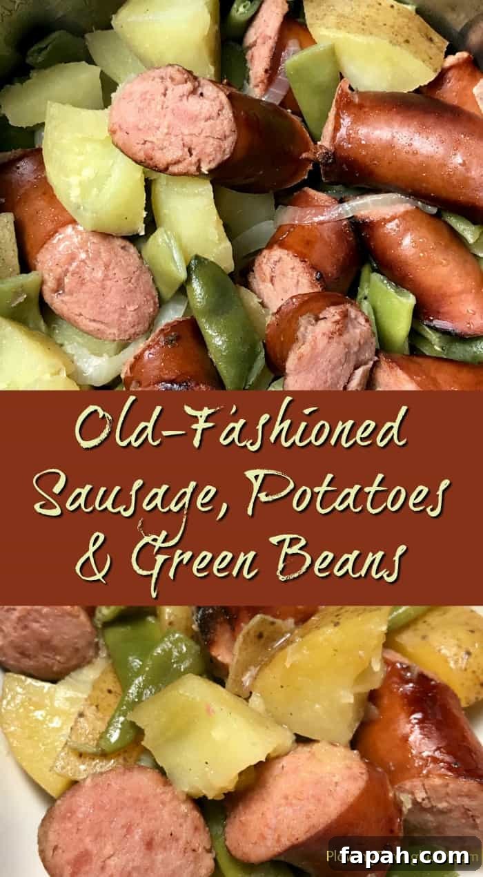 Collage of Old-Fashioned Sausage, Potatoes and Green Beans in Instant Pot is a traditional dish in a new electric pressure cooker.