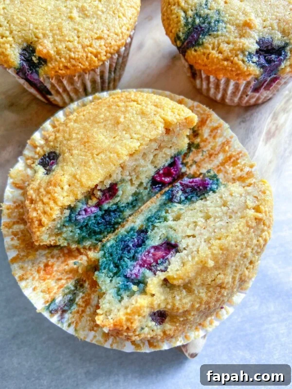A close-up of Almond Flour Blueberry Muffins cut in half, revealing a moist interior with juicy blueberries. Whole muffins in paper liners rest on a wooden surface in the background.