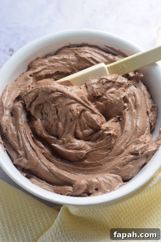 Close up of chocolate frosting in a bowl.