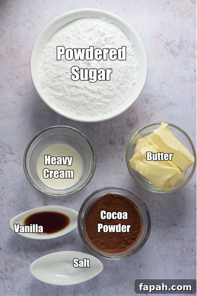 Ingredients to make chocolate buttercream frosting.