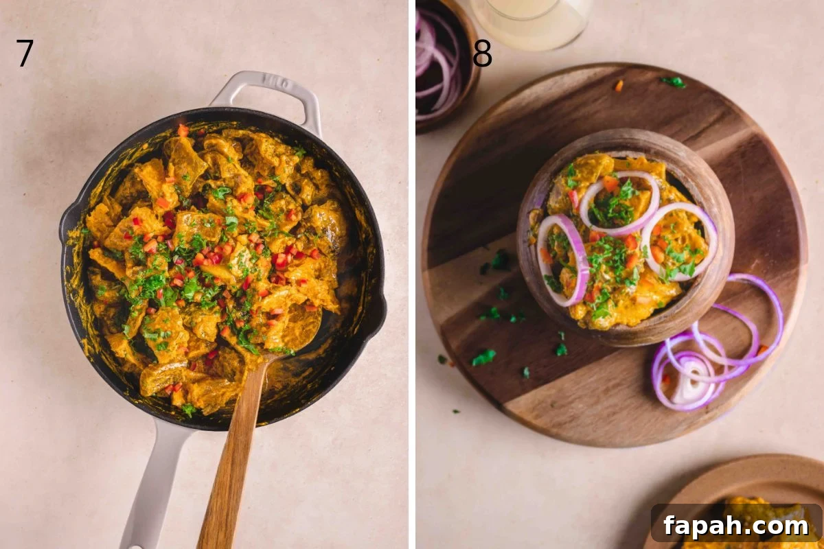 Adding fresh herbs and mini peppers to the final dish. A serving on nkwobi on a wooden server.