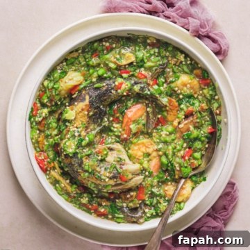 Nigerian okro soup in a wide bowl.
