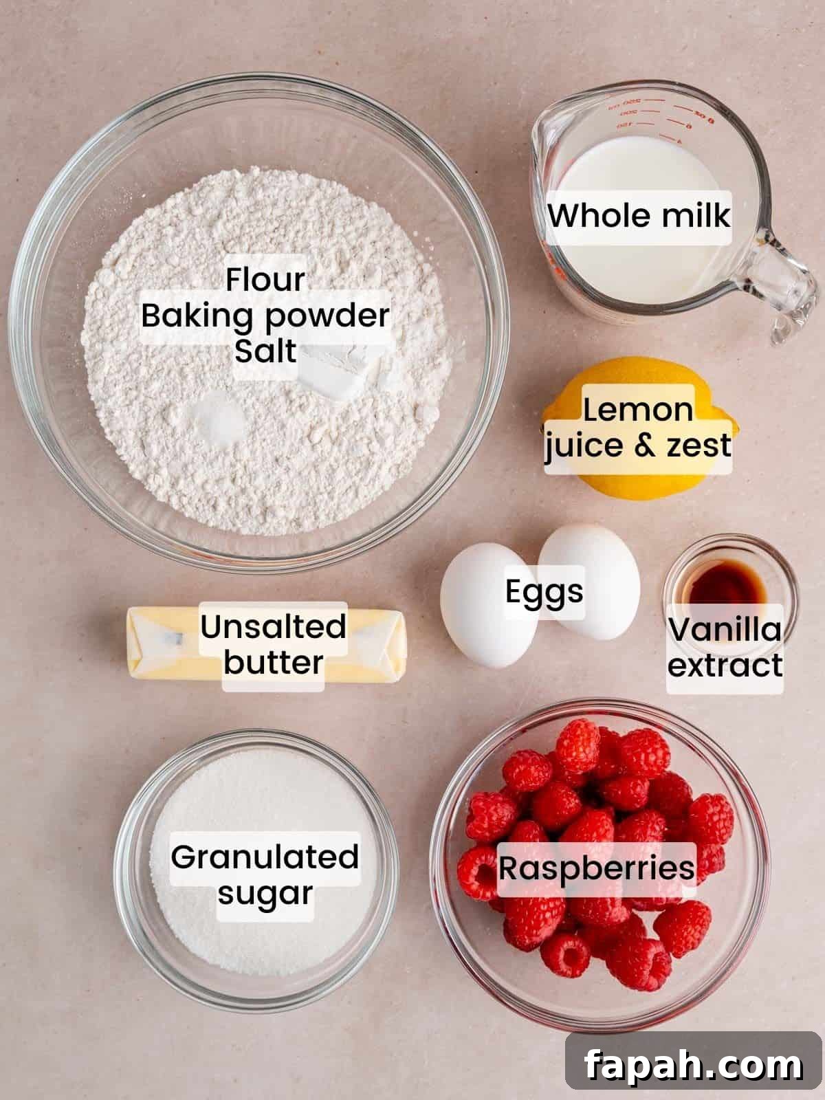 Lemon Raspberry Muffins with Zesty Glaze 3 Ingredients needed to make lemon raspberry muffins.