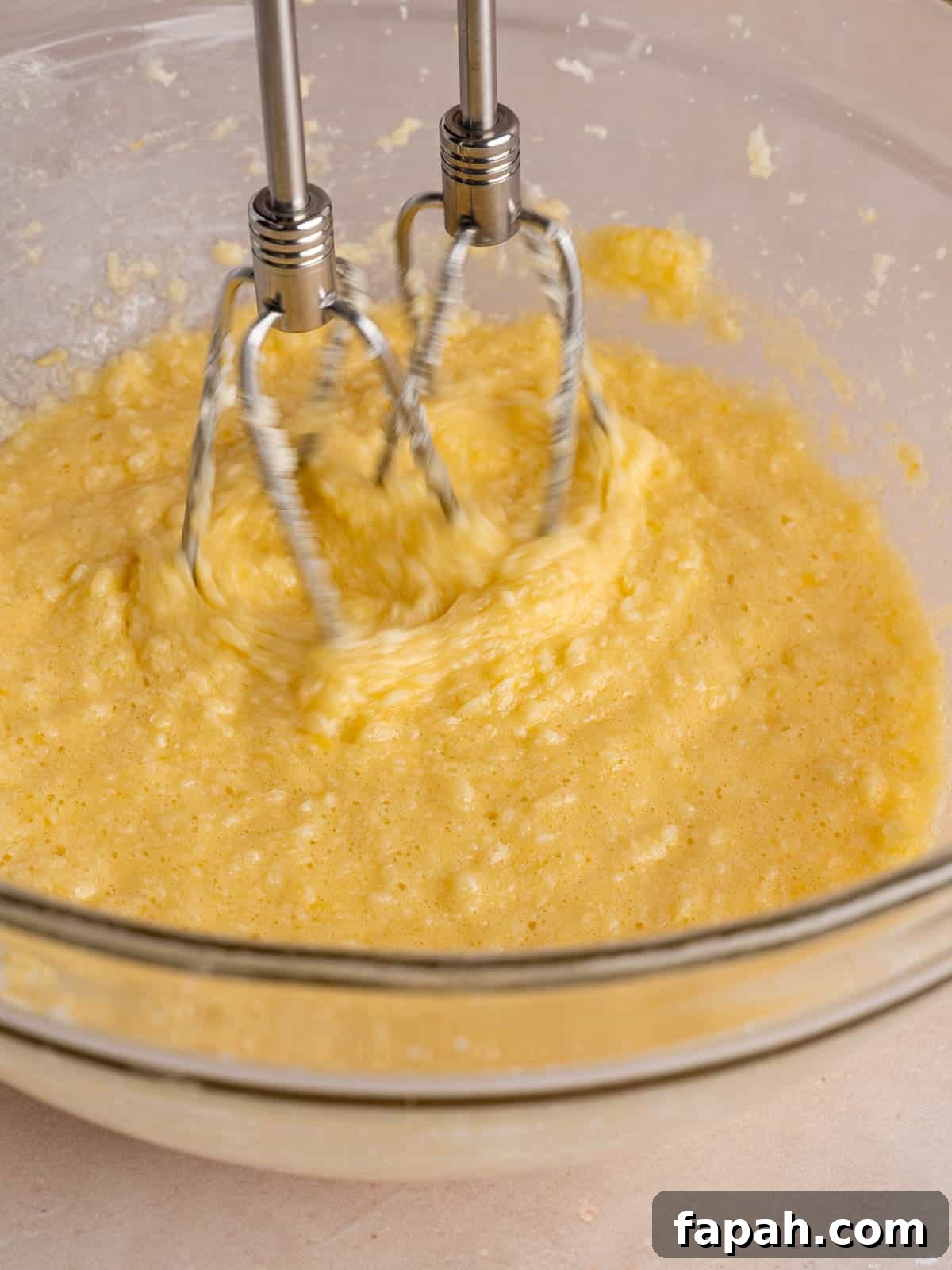 Lemon Raspberry Muffins with Zesty Glaze 6 Mixing butter, sugar, lemon zest, eggs, and vanilla extract in a bowl with a hand mixer.