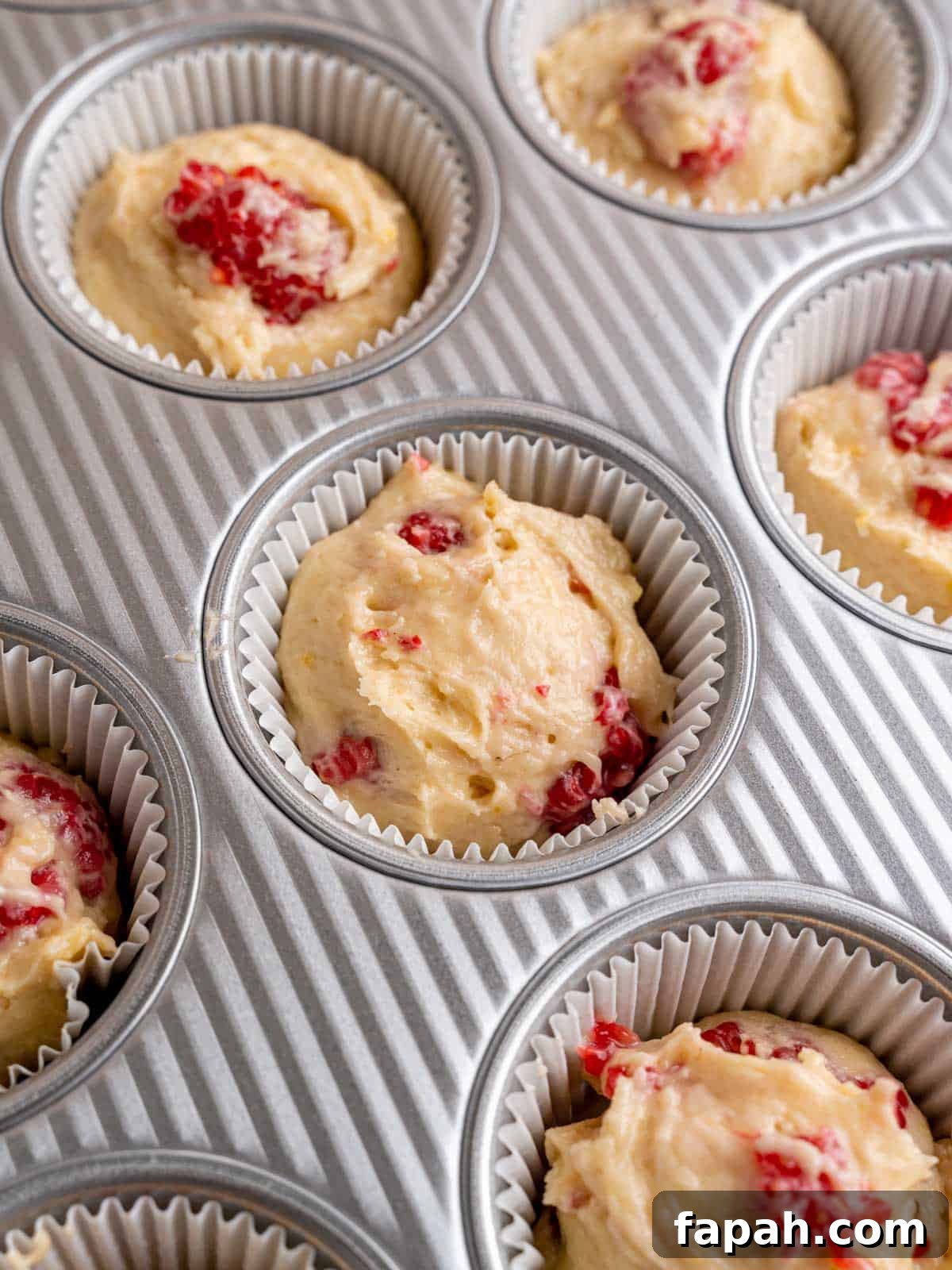 Lemon Raspberry Muffins with Zesty Glaze 9 Muffin liners filled with lemon raspberry muffin batter.