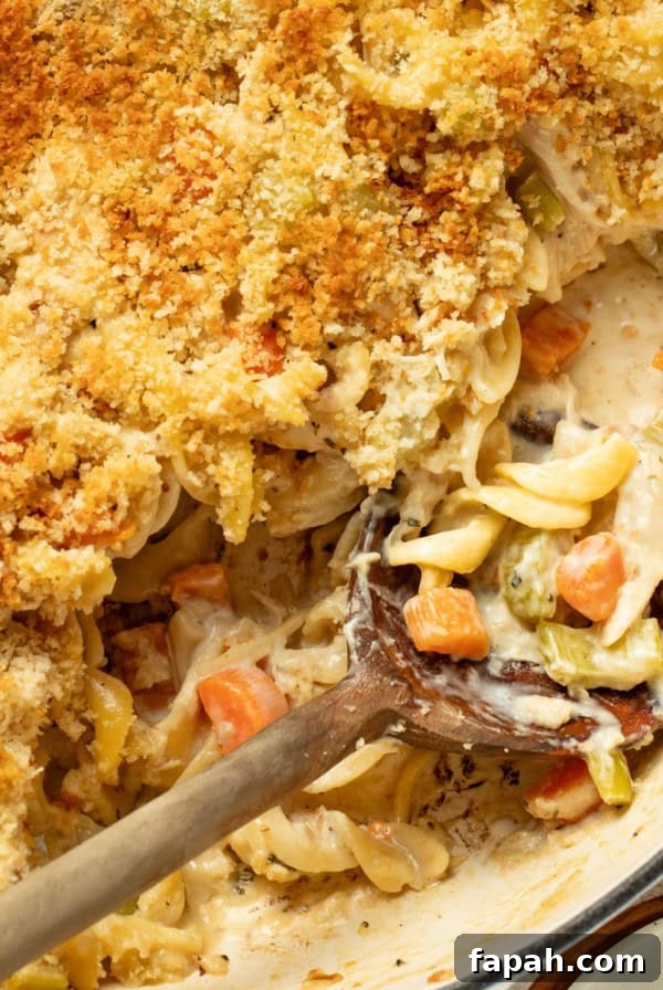 Chicken pot pie noodles on a wood spoon in a cast iron skillet.