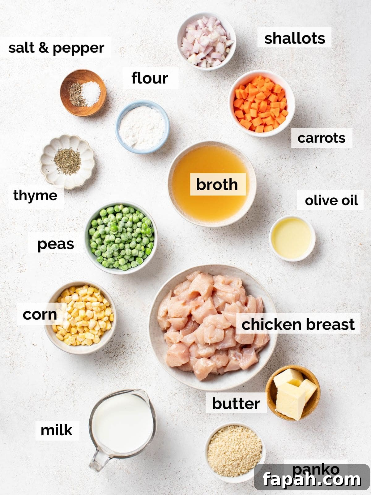 Ingredients for chicken pot pie without the crust like chicken, vegetables, and broth on a white background.