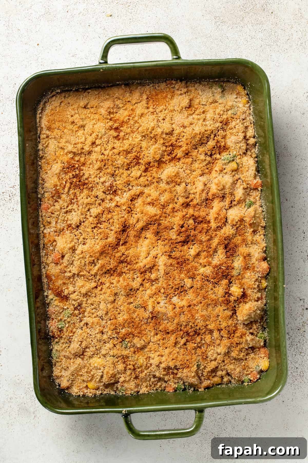 Chicken pot pie dish after browning the panko topping.