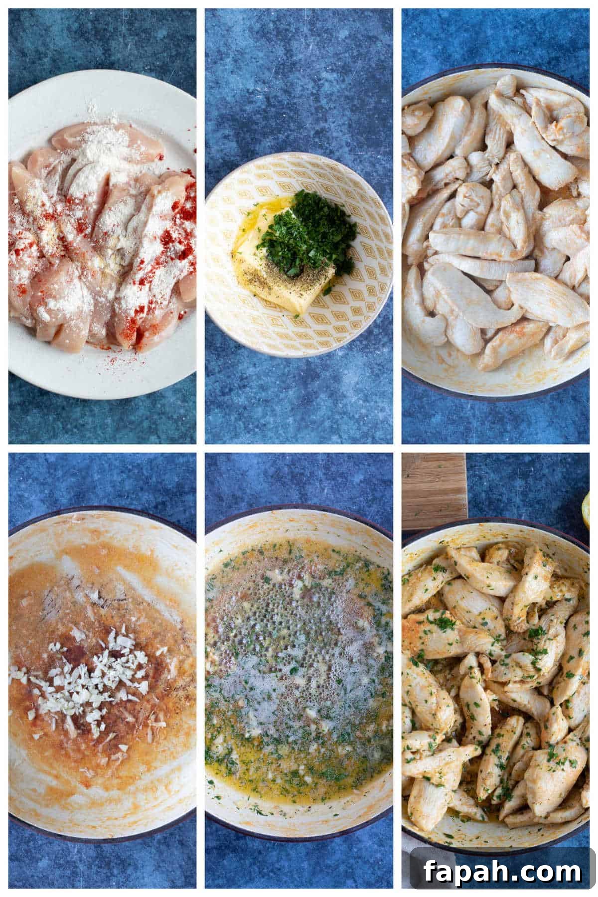 Garlic Butter Chicken Tenders: Crispy Pan-Seared Recipe 4 Step by step photo instruction collage for making garlic butter chicken.