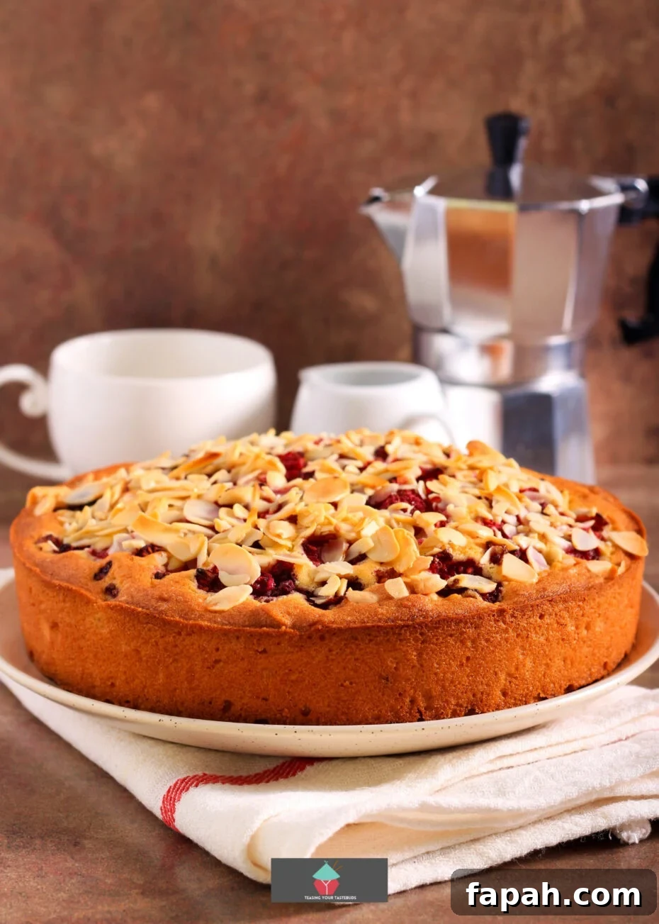 Raspberry and Almond Cake. This Raspberry and Almond Cake is an easy recipe with soft almond sponge with a scattering of fresh raspberries throughout and topped with toasted almonds. A delicious afternoon tea treat.