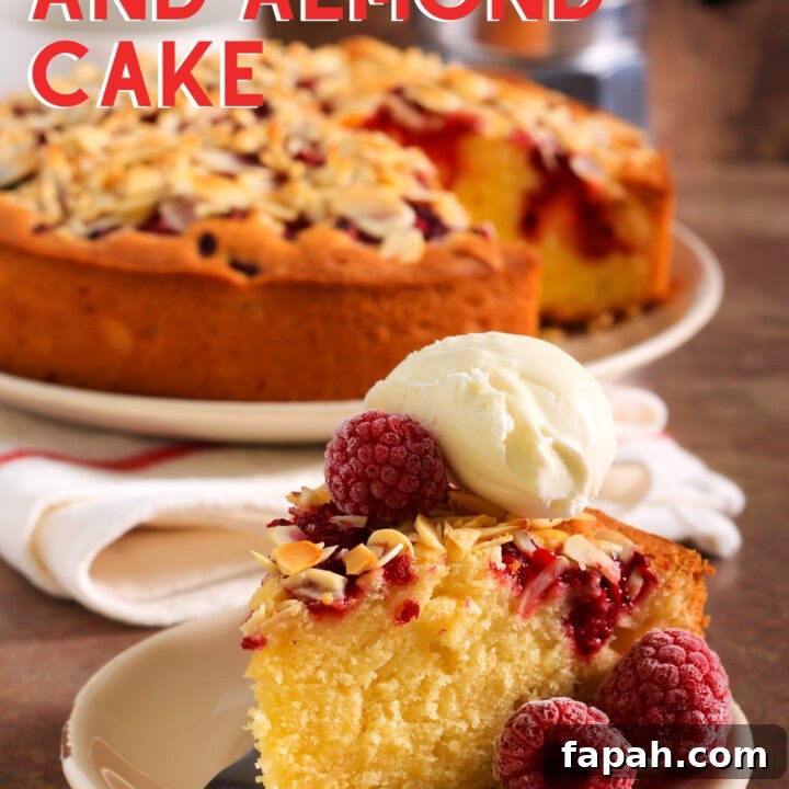 Raspberry and Almond Cake. This Raspberry and Almond Cake is an easy recipe with soft almond sponge with a scattering of fresh raspberries throughout and topped with toasted almonds. A delicious afternoon tea treat.